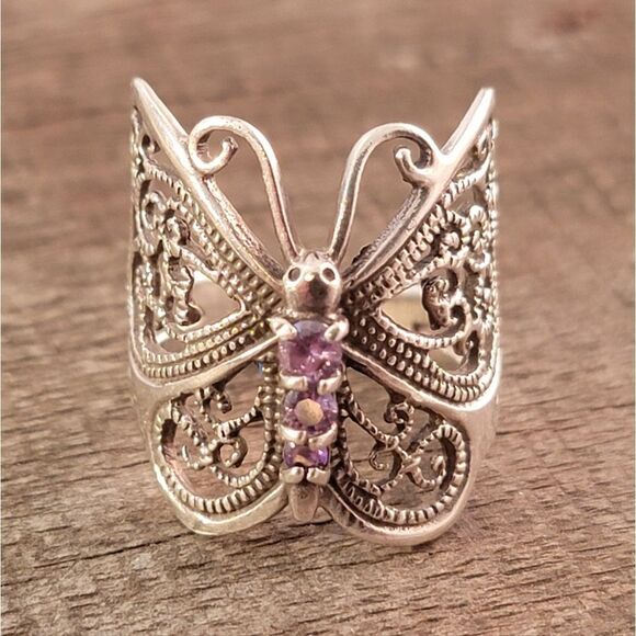 Sterling Filigree Swirls and Scrolls Butterfly Amethyst Ring Band - Picture 1 of 11